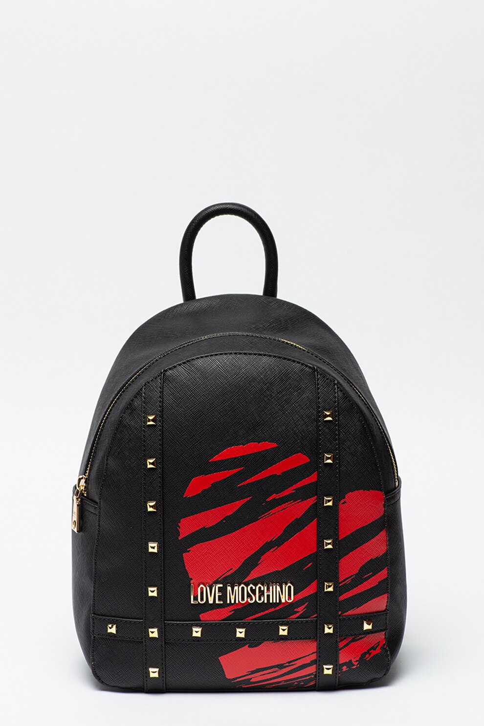 Love Moschino, Rucsac de piele ecologica cu nituri si logo, Negru/Rosu/Auriu